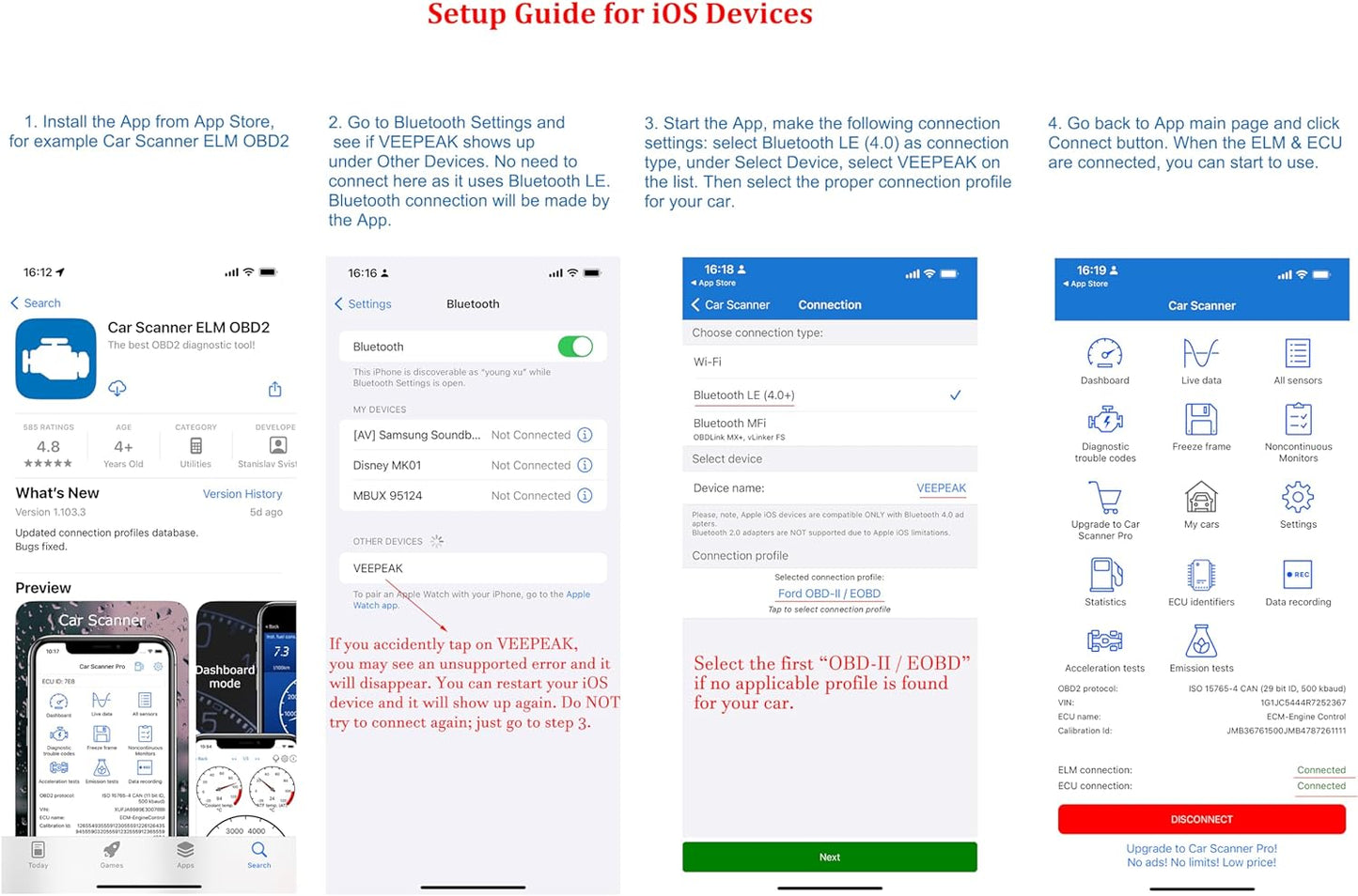 Veepeak OBDCheck BLE+ Bluetooth OBD II EOBD Diagnosegerät Adapter Stecker Auto Diagnose Scanner für iOS und Android