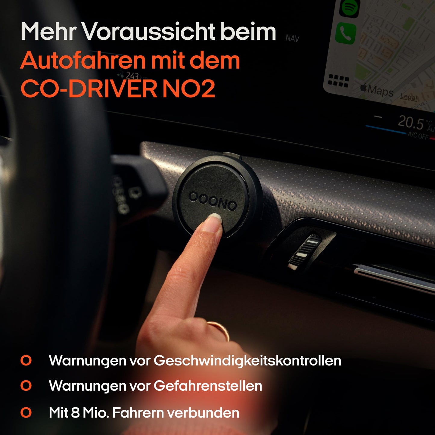 OOONO CO-DRIVER NO2 [NEUES Modell 2024] - Optimierter CO-DRIVER fürs Auto - Warnt vor Blitzern und Gefahrenstellen - Wiederaufladbar - LED-Anzeige - CarPlay & Android Auto kompatibel